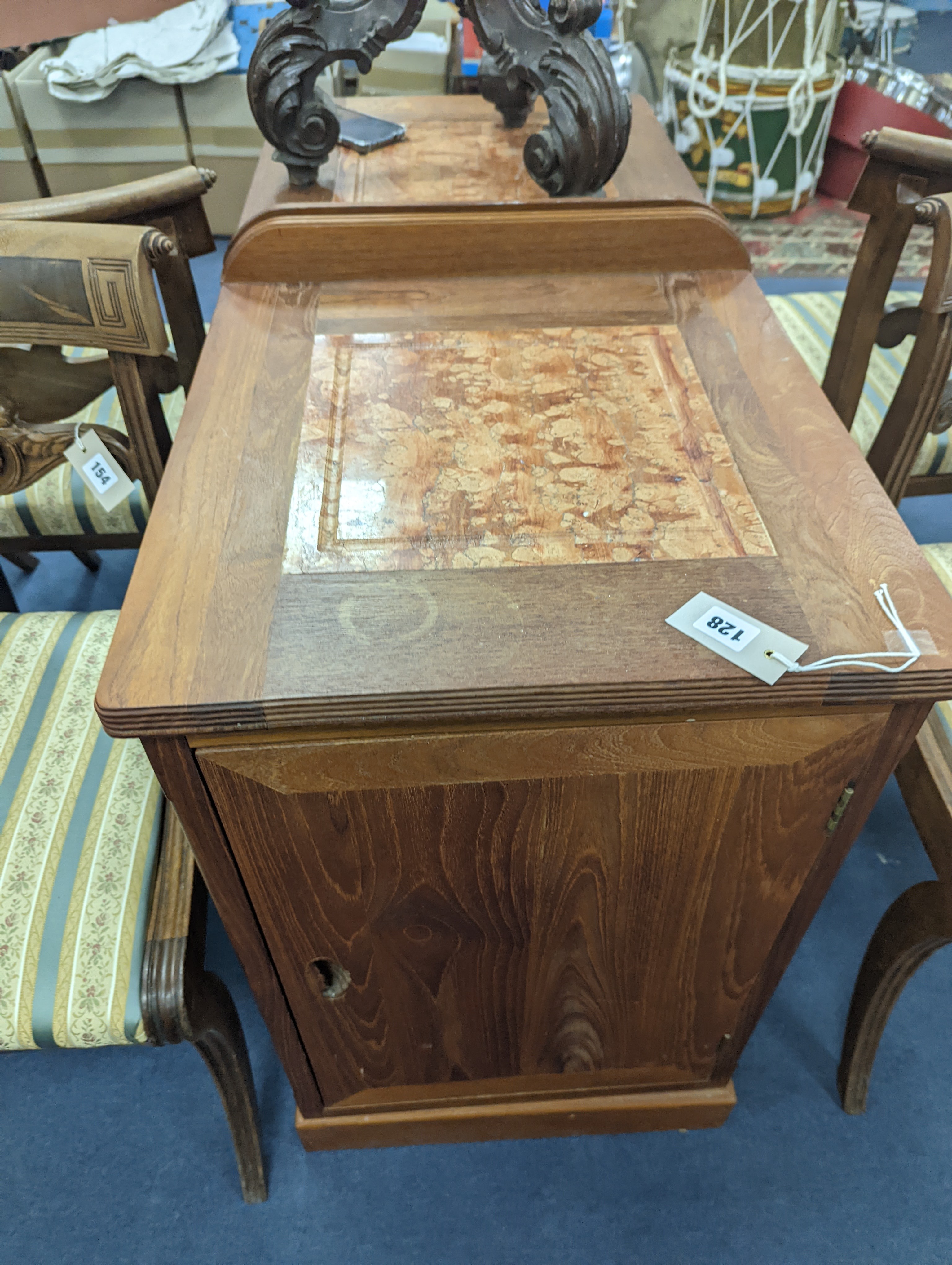 A pair of Chinese solid teak marble topped single door cupboards, width 48cm, depth 51cm, height 83cm